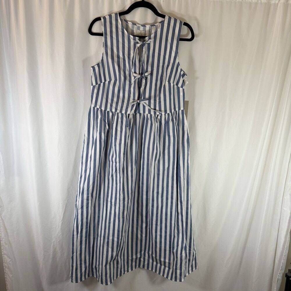 New Joie Dress Womens Small White Blue Striped Sleeveless Tie Waist Cotton Blend